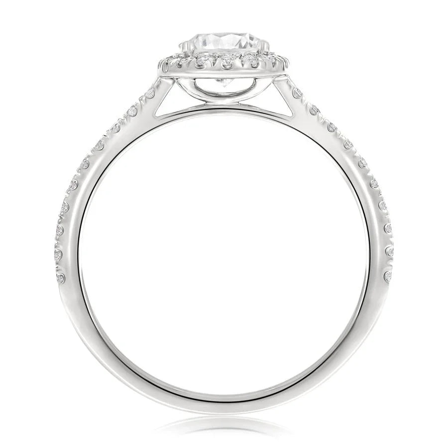 Bague Halo diamant ovale en or blanc  avec pavage étincelant, vue latérale.