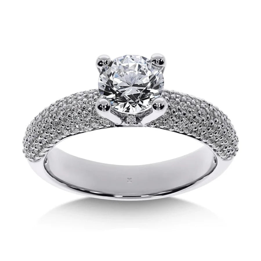 Bague de fiançailles Héritage Diamant Rond en or blanc avec pavage de 101 diamants, vue de face.